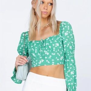 Princess Polly Rylee Long Sleeve Crop Top Green Floral White Cottagecore Boho 2